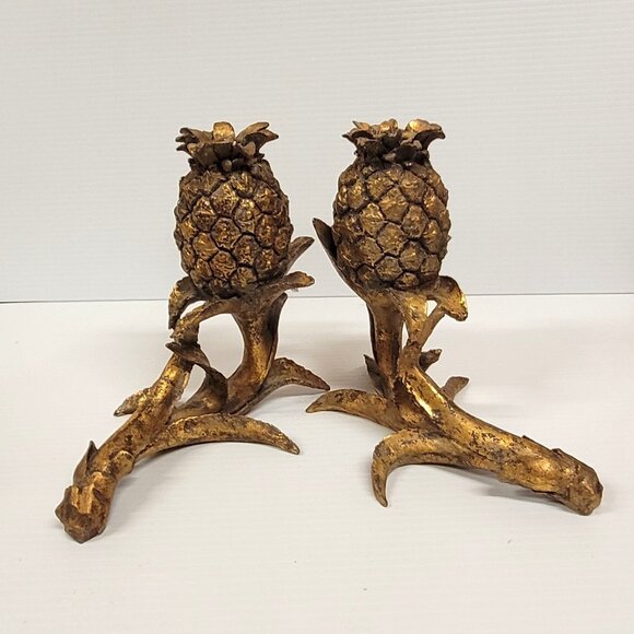 Pineapple Set 2 Tapered Candle Holder Resin Decorative Candelabra Tabletop Gold - Picture 2 of 5
